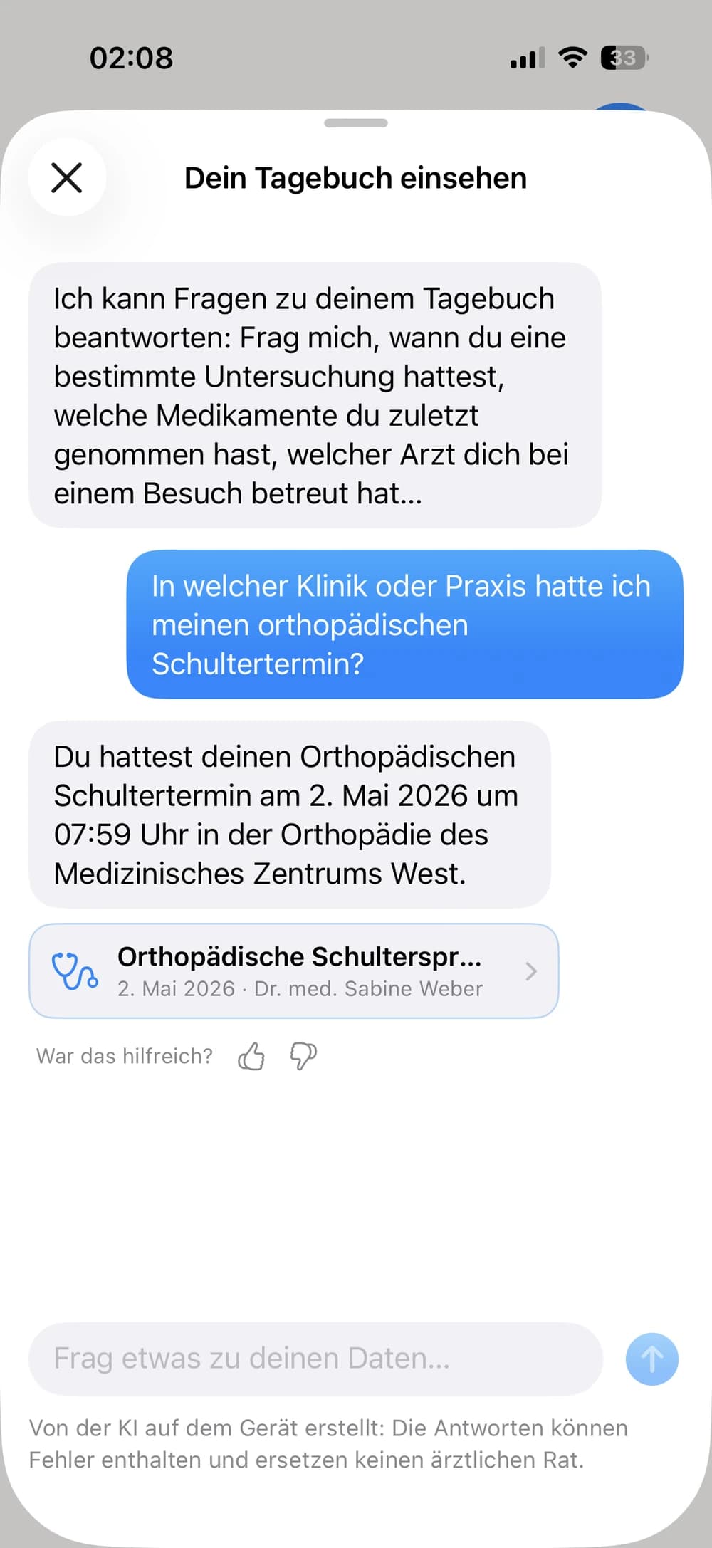 Der KI-Assistent auf dem Gerät beantwortet eine Frage zum Tagebuch