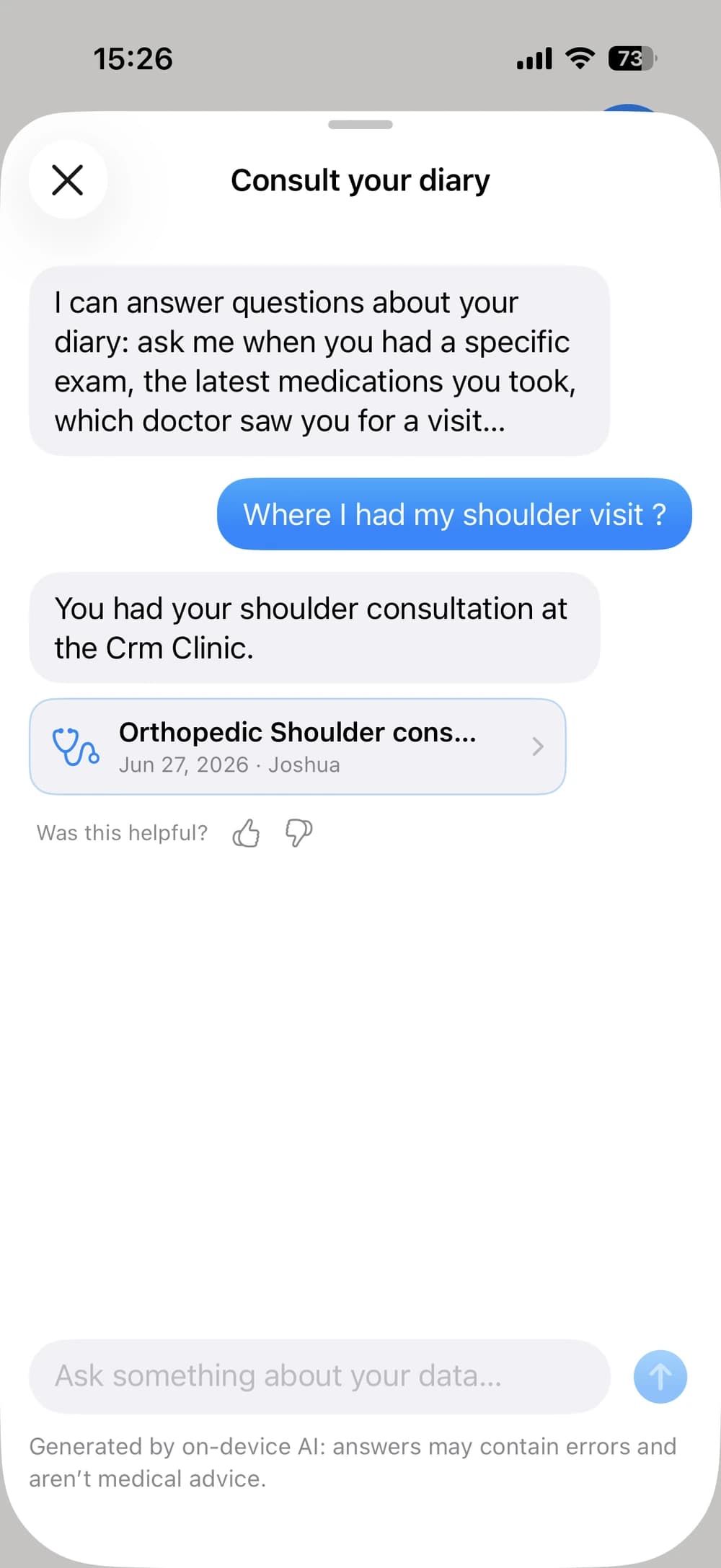 The on-device AI assistant answering a question about the diary
