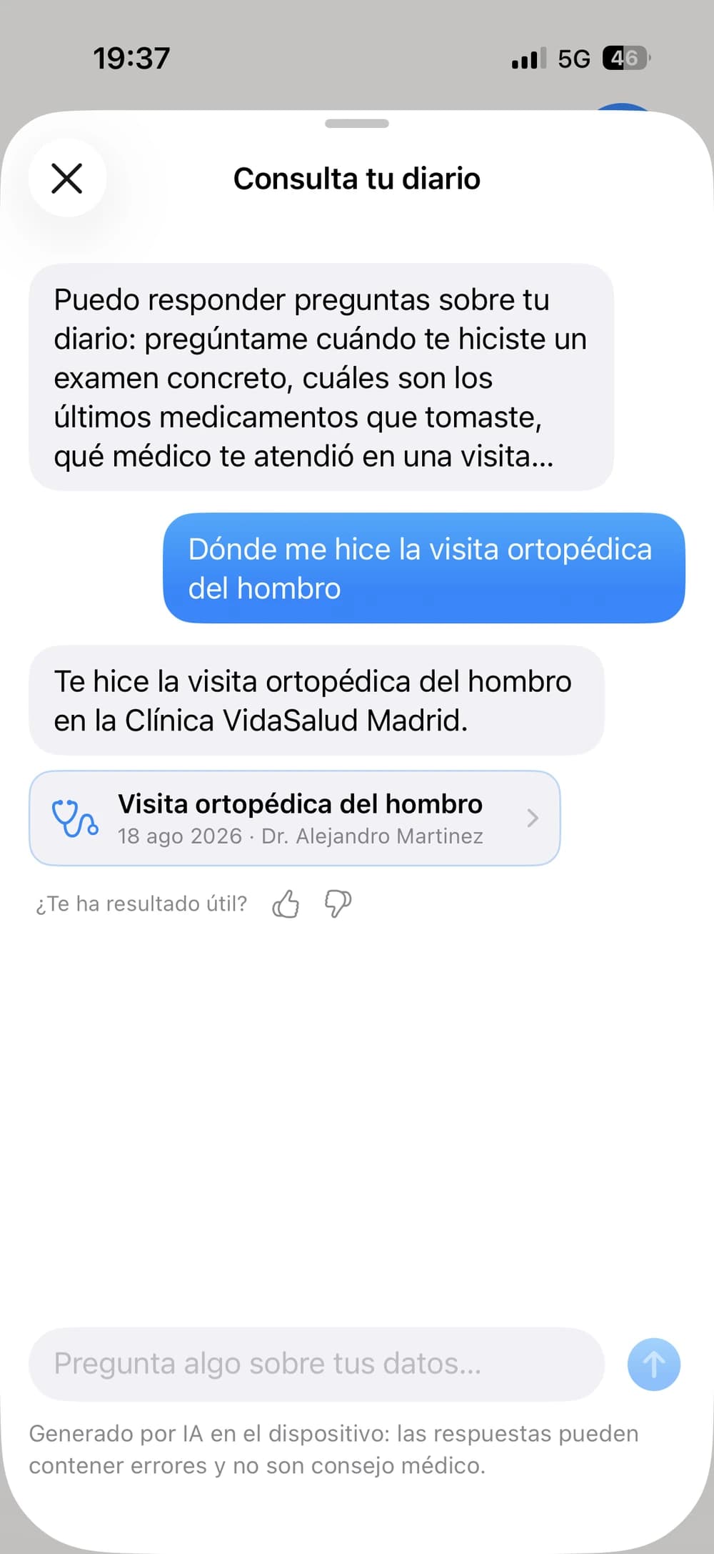 El asistente de IA en el dispositivo respondiendo una pregunta sobre el diario