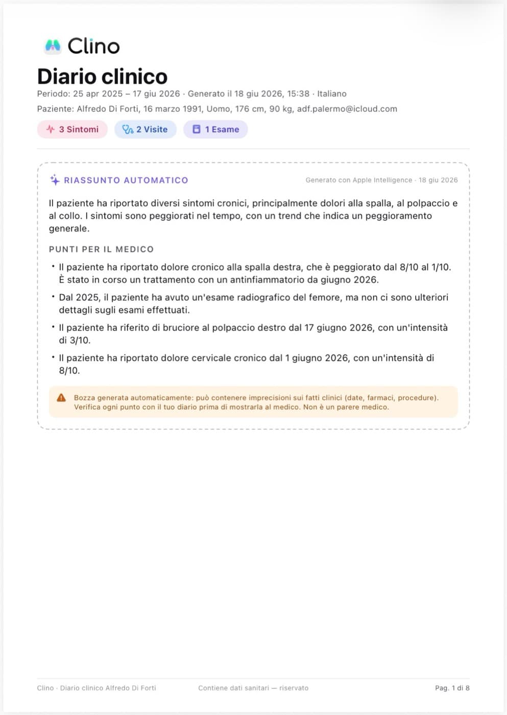 Un PDF clinico esportato generato da Clino