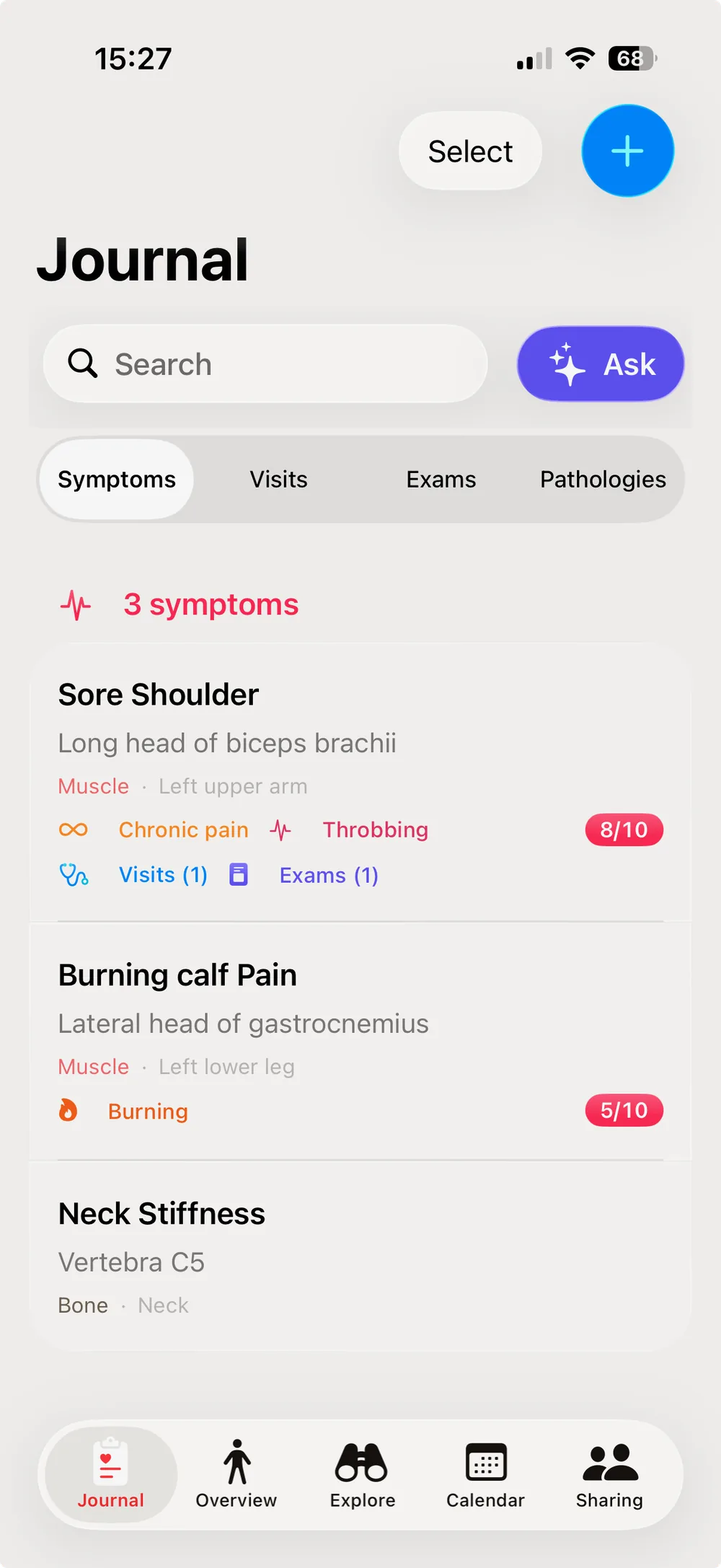 Clino's clinical diary list of symptoms, visits and exams