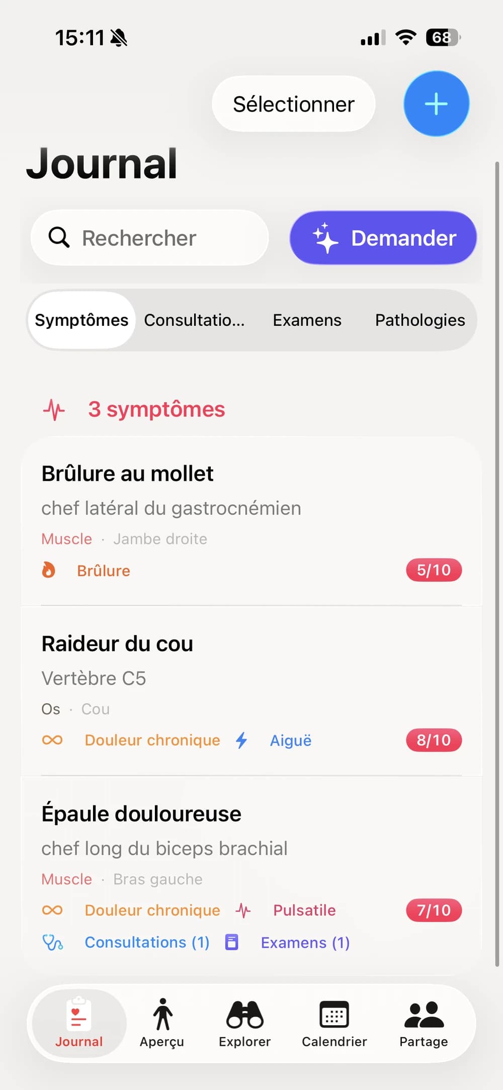 La liste du journal clinique de Clino avec symptômes, visites et examens
