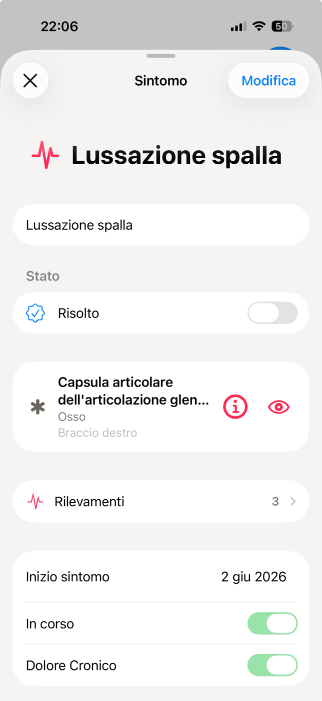 Una schermata di dettaglio di un sintomo in Clino